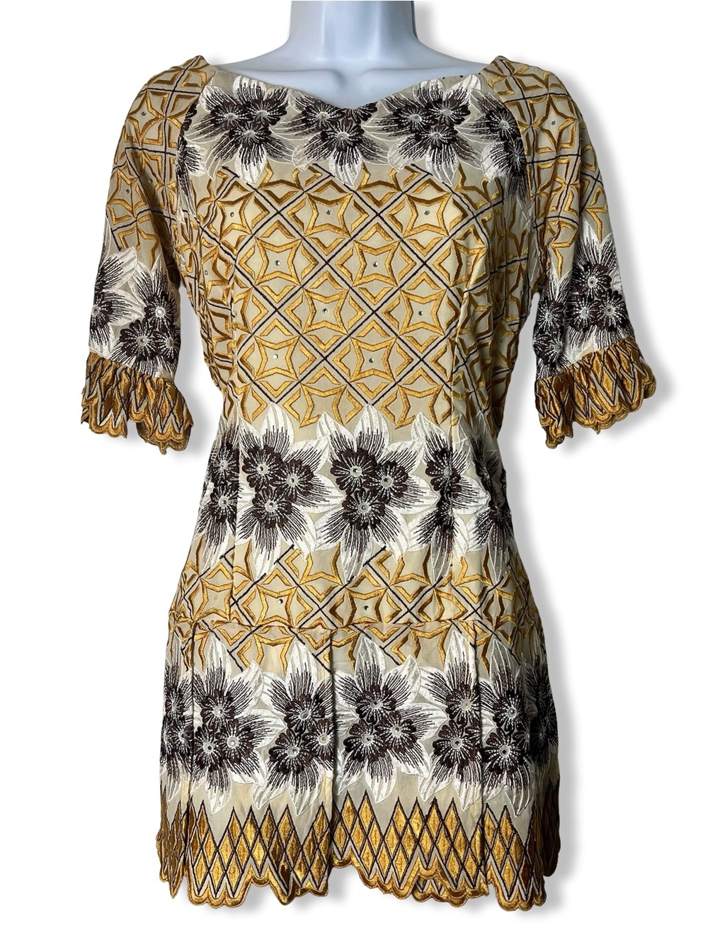 Handmade Vintage Embroidered Peplum Mini Dress Sweetheart‎ Neckline Floral Sz SP